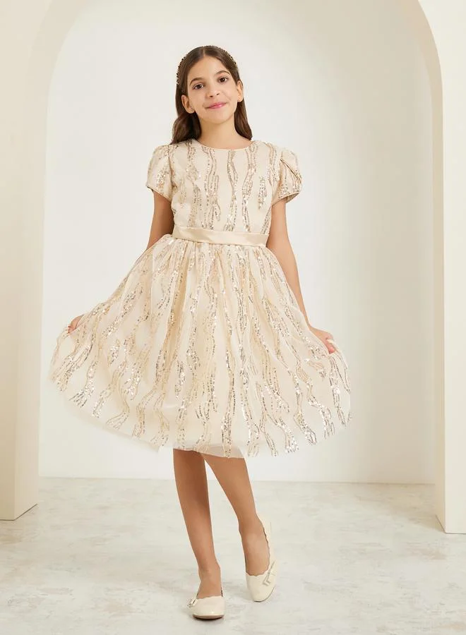 Styli Girls Gold Sequin Belted Short Sleeve Dress